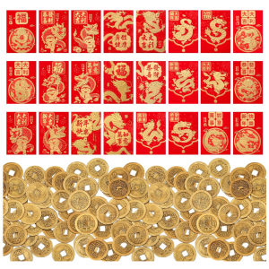 Outus 72 Pcs 2024 Chinese Red Envelopes Year of Dragon with 100 Chinese Lucky Feng Shui Coins