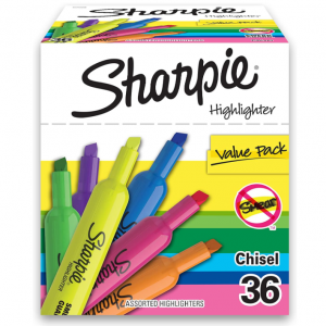 SHARPIE Tank Highlighters, Chisel Tip, Assorted Color Highlighters, Value Pack, 36 Count @ Amazon
