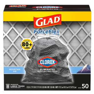 Glad Large Drawstring Trash Bags, ForceFlex with Clorox, 30 Gallon, Mountain Air, 50 Count @Amazon