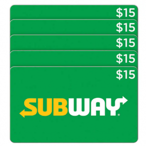 Subway Five Restaurant $15 E-Gift Cards ($75 Value)
