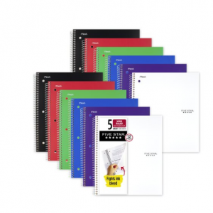 Five Star Wirebound Notebook, 1 Subject, Wide Ruled, 10 1/2" x 8", Assorted Colors, 12 Pack 