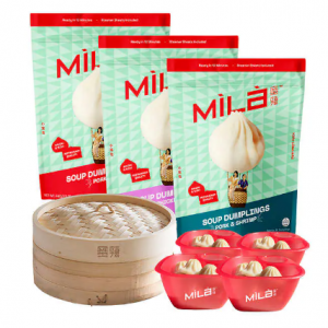 Mila Starter Pack Xiao Long Bao Soup Dumplings - 3 Bags, 1 Bamboo Steamer, 4 Dipping Bowls@ Costco