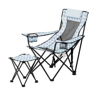 Ozark Trail Lounge Camp Chair,Detached Footrest,Blue and White Design,Padded Headrest,Adult