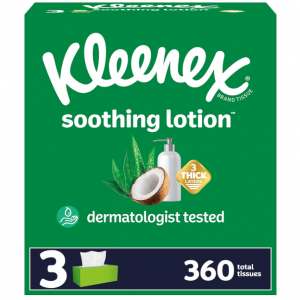 Kleenex Lotion Facial Tissues with Coconut Oil, 3 Flat Boxes, 120 Tissues Per Box, 3-Ply @ Amazon