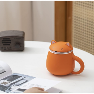 TANG PIN Orange Fox Mug with Infuser Ceramic Infusion Mug 13.5 OZ Animal Coffee Mug (Orange)
