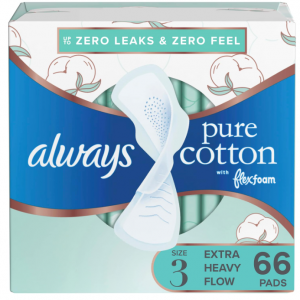 Always Pure Cotton Feminine Pads for Women, Size 3, Extra Heavy Flow, with wings, Unscented, Free