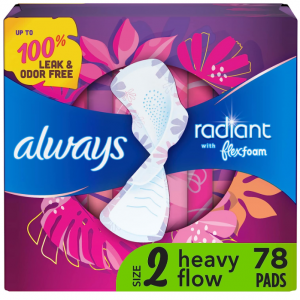 Always Radiant Feminine Pads For Women, Size 2 Heavy Flow Absorbency, Multipack, With Flexfoam, Wi