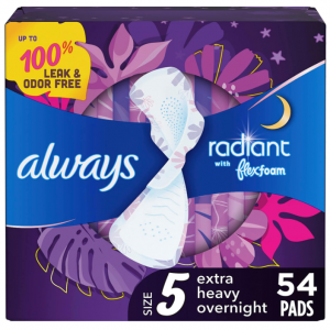 Always Radiant Feminine Pads For Women, Size 5 Extra Heavy Overnight Pads, With Flexfoam, With Win