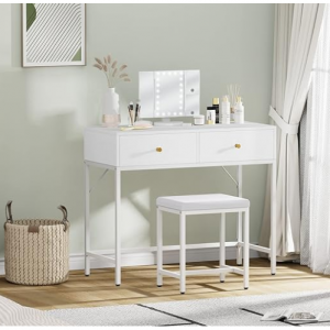 SUPERJARE Vanity Desk, Makeup Vanity with Lighted Mirror, White Desk with Drawers, 35.4 Inches