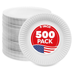 Stock Your Home 9-Inch Paper Plates Uncoated, White, 500 Count @ Amazon
