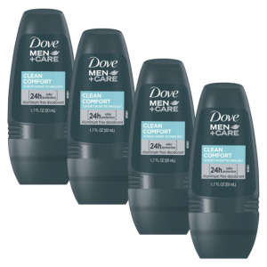 Dove Men+Care Clean Comfort Roll on Deodorant, 4-Pack, 1.7 Fl Oz Each @ Amazon