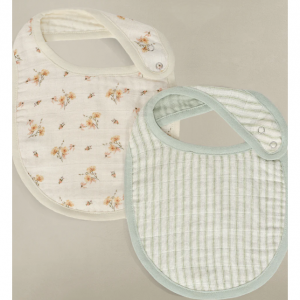 'DAINTY FLORAL' & 'SEA MOSS' SAGE GREEN STRIPE - MUSLIN BIB 2-PACK @ Oilo Studio