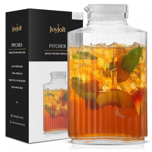 JoyJolt 68oz Glass Pitcher with Lid (2 Lids) - Rectangle Beverage Serveware and Storage Container 