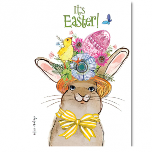 兔子戴着帽子,上面有鲜花和鸡蛋复活节贺卡