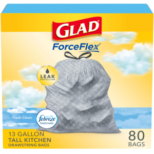 Glad ForceFlex Tall Kitchen Drawstring Trash Bags, 13 Gallon, Fresh Clean Febreze, 80 Count@Amazon