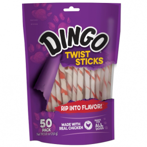 Dingo Twist Sticks Rawhide Chews, Made With Real Chicken, 50 Count @ Amazon