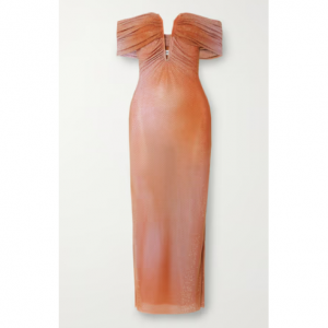 SELF-PORTRAIT Off-the-shoulder crystal-embellished printed stretch-tulle midi dress