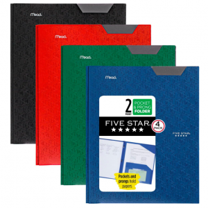 Five Star 2 Pocket Folders, 4 Pack, Holds 8-1/2" x 11" Paper @ Amazon