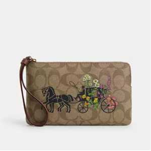 67% Off Coach Large Corner Zip Wristlet In Signature Canvas With Floral Horse And Carriage