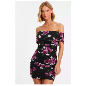 50% Off Black Floral Mesh Bardot Mini Dress @ Quiz Clothing