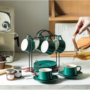 YHOSSEUN 陶瓷濃縮咖啡杯6件套 4oz 帶杯托和收納架 @ Amazon