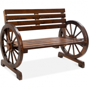 2-Person Rustic Wooden Wagon Wheel Bench w/ Slatted Seat and Backrest @ Best Choice Products