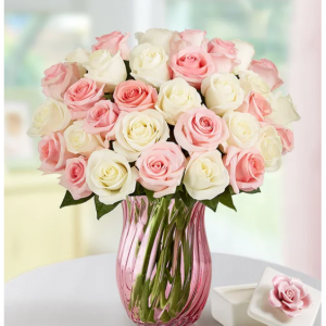 可爱的妈妈玫瑰，36 枝，带粉色花瓶和玫瑰纪念品盒