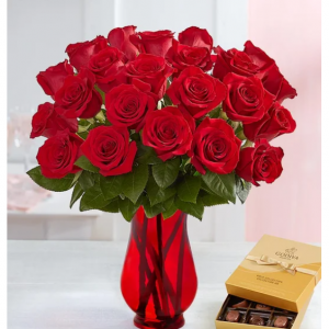 两打红玫瑰，配红花瓶和 Godiva® 巧克力