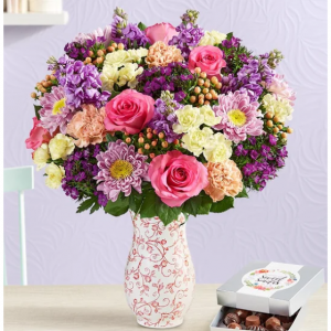 Precious Love Bouquet for Mom, Double Bouquet with Precious Pink Rose Vase & Chocolate