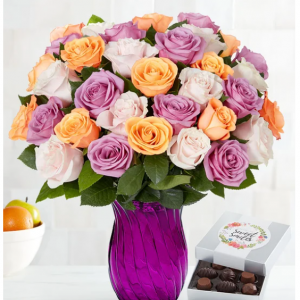 Sorbet Roses, 36 Stems with Purple Vase & Chocolate