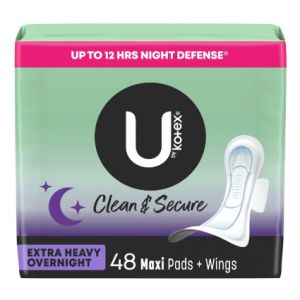 U by Kotex Clean & Secure Overnight Maxi Pads with Wings, 48 Count (2 Packs of 24) @ Amazon