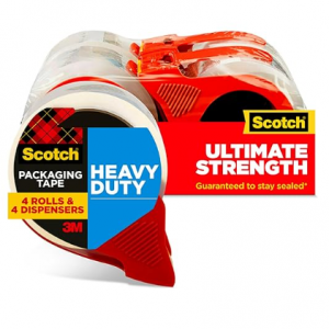 Scotch Heavy Duty Shipping Packing Tape, Clear, 1.88 in. x 54.6 yd., 4 Tape Rolls with 4 Dispenser