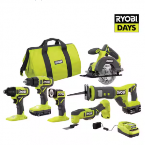RYOBI ONE+ 18V Cordless 6-Tool Combo Kit with 1.5 Ah Battery, 4.0 Ah Battery, and Charger