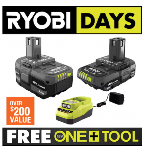 RYOBI ONE+ 18V 鋰離子入門套件,帶 2.0 Ah 電池、4.0 Ah 電池和充電器