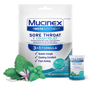 Mucinex Instasoothe Sore Throat Relief + Cough Relief, Sore Throat Lozenges, Cough Drops with Dext
