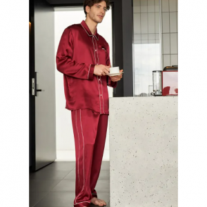 22匁 シルク パジャマ メンズ 格好いい パイピング付き 長袖 寝間着