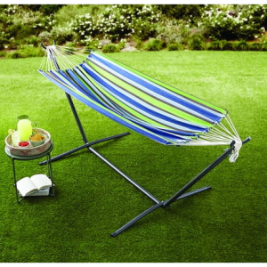 Mainstays Blue Striped Hammock with Metal Stand, Portable Carrying Case, Blue Color @ Walmart