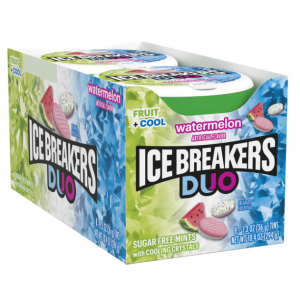 ICE BREAKERS Duo Fruit Plus Cool Watermelon Sugar Free Breath Mints Tins, 1.3oz (8 Count) @ Amazon