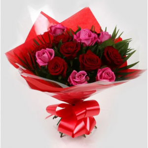 12支腮红玫瑰粉色、红色和玫瑰花束