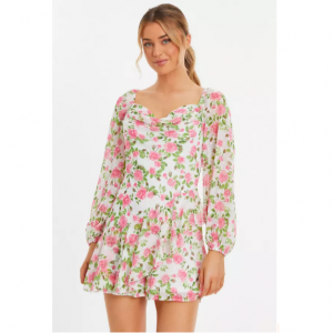 50% Off Pink Floral Chiffon Playsuit @ Quiz Clothing