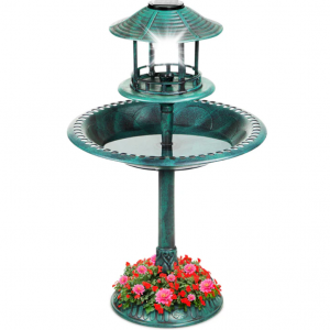 Solar Lighted Outdoor Pedestal Bird Bath w/ Planter, Decorative Bird Cage @ Best Choice Products