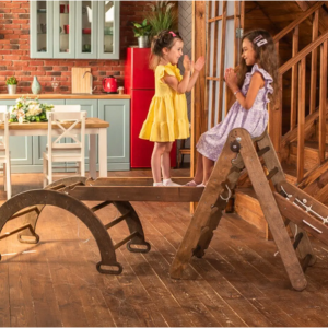 4合1蒙特梭利攀爬套装：三角梯+拱门/摇杆+滑板/坡道+网-巧克力色