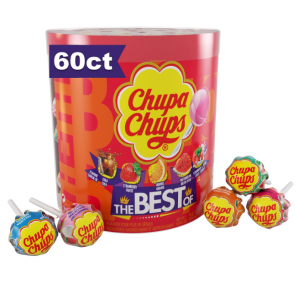 Chupa Chups Candy, Lollipops Drum Display, 60 Count, 5 Assorted Candy Flavors @ Amazon