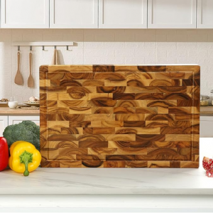 YUSOTAN 17"x11" Large Acacia End Grain Wood Cutting Board with Juice Grooves and Hand Grips