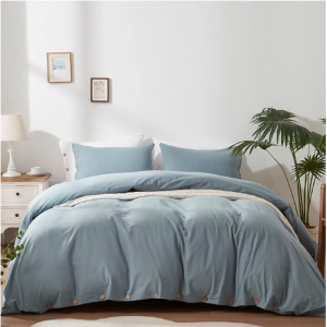 SunStyle Home 100% Washed Cotton Duvet Cover Set Breathable Soft Queen Blue Grey Duvet Cover 3 pcs