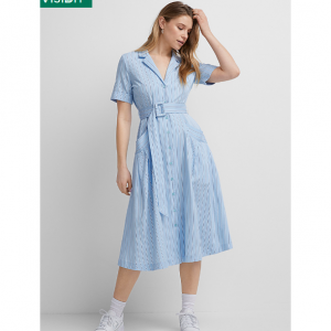 Notch collar belted poplin dress