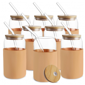 HOMBERKING Glass Cups with Bamboo Lids and Straws 8pcs Set, 20oz Can @ Amazon