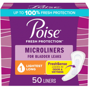 Poise Daily Microliners, Incontinence Panty Liners, 1 Drop Lightest Absorbency, Long Length, 50 Co