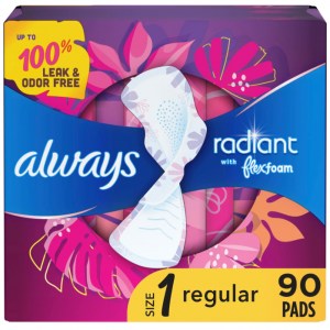 Always Radiant Feminine Pads for Women, Size 1, 30 Count, Pack of 3 @ Amazon