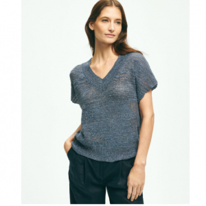 72% Off Relaxed V-Neck Short-Sleeve Sweater In Linen Lurex® @ Brooks Brother